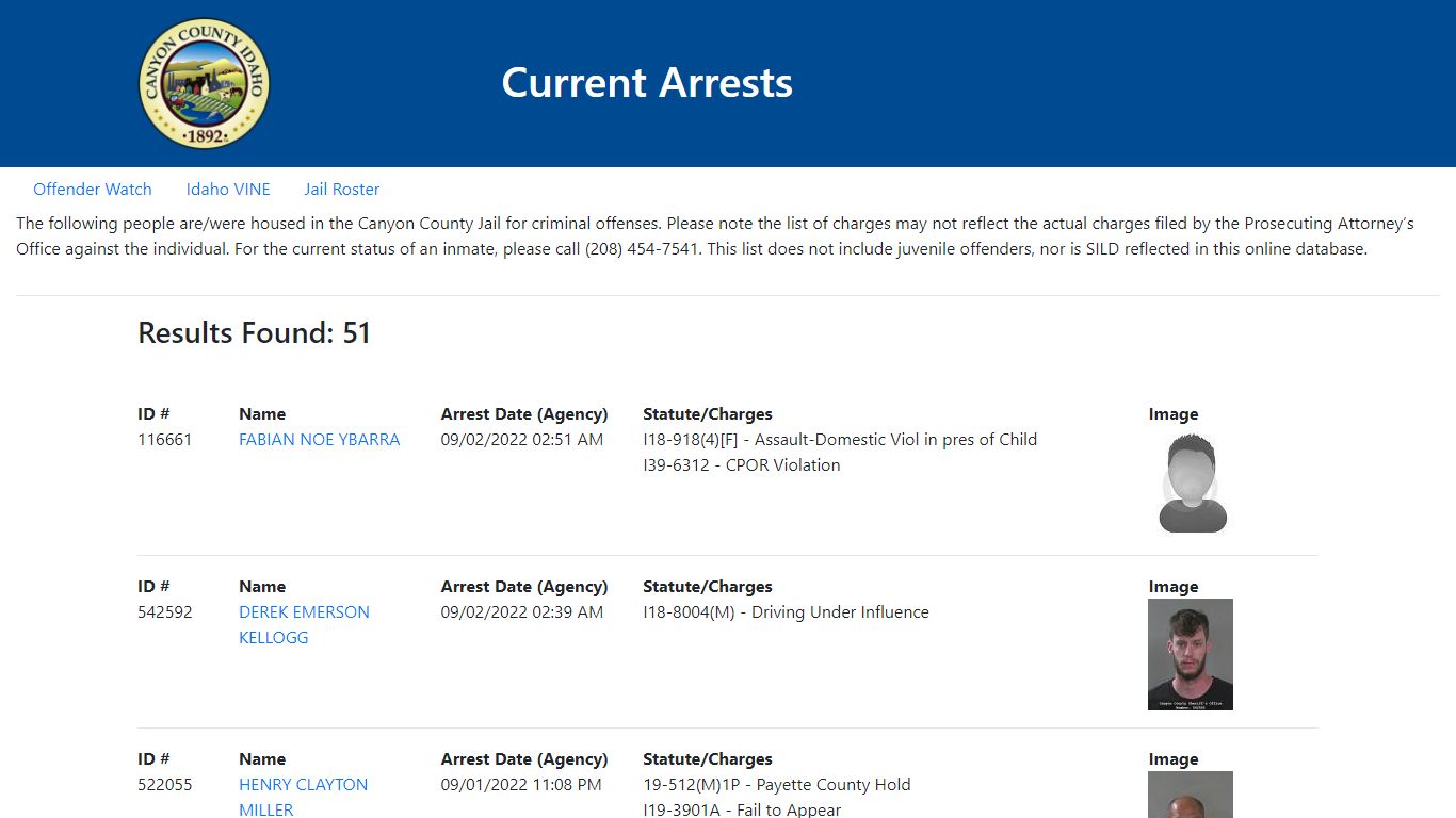 Current Arrests - Canyon County, Idaho
